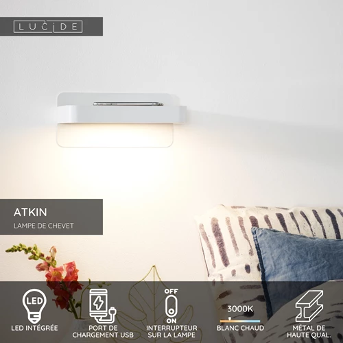 Lucide ATKIN - Lampe de chevet / Applique mural - LED - 1x6W 3000K - Point de rechargement USB - Blanc - USP
